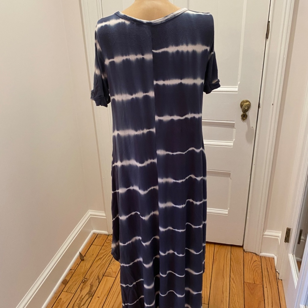 Miracle Berry Navy White Tie Dye Maxi Dress V Neck Short Sleeve Casual Flowy - Picture 7 of 13